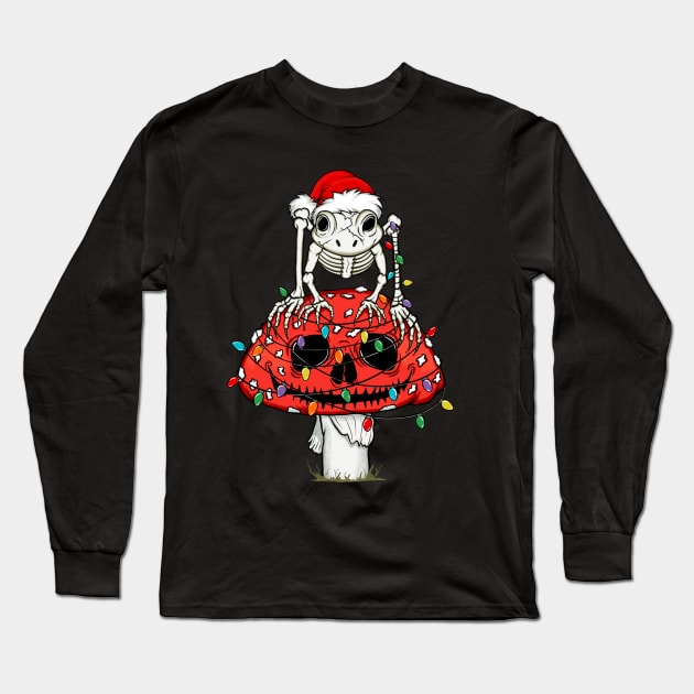 Holiday Cottagecore Skeleton Frog Skull Mushroom Goblincore Christmas Long Sleeve T-Shirt by August Design